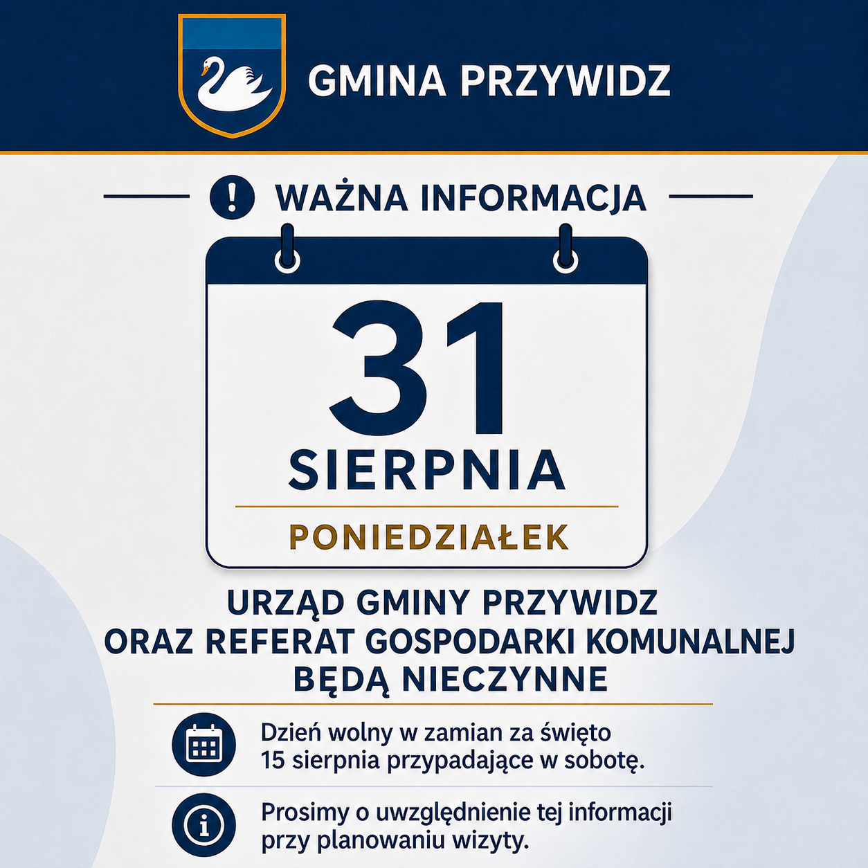 Urząd Gminy Przywidz oraz&nbsp;Referat Gospodarki Komunalnej będą nieczynne dnia 31 sierpnia