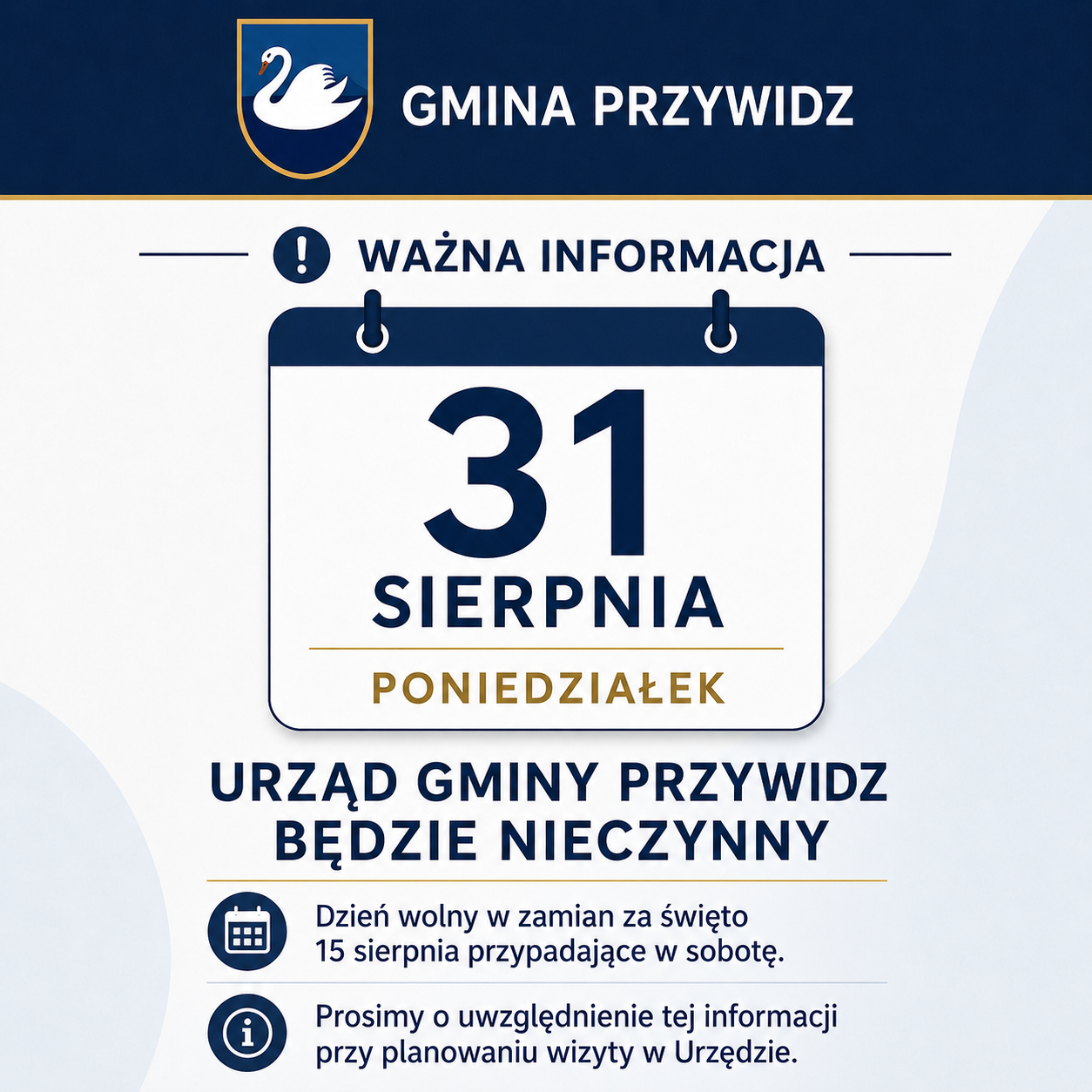 Urząd Gminy Przwidz będzie nieczynny dnia 31 sierpnia 