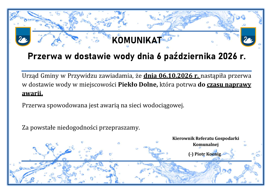 KOMUNIKAT Przerwa w&nbsp;dostawie wody dnia 6 października 2026 r.  Piekło Dolne