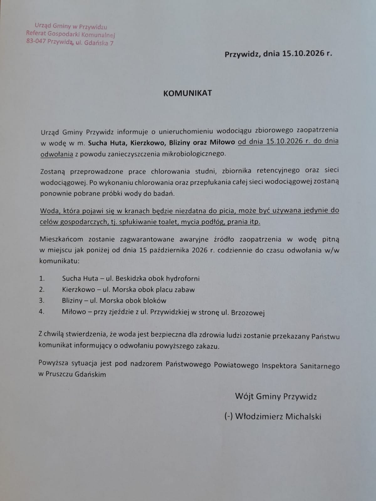 PILNY KOMUNIKAT &ndash; WODA NIEZDATNA DO SPOŻYCIA Sucha Huta &bull; Kierzkowo &bull; Bliziny &bull; Miłowo