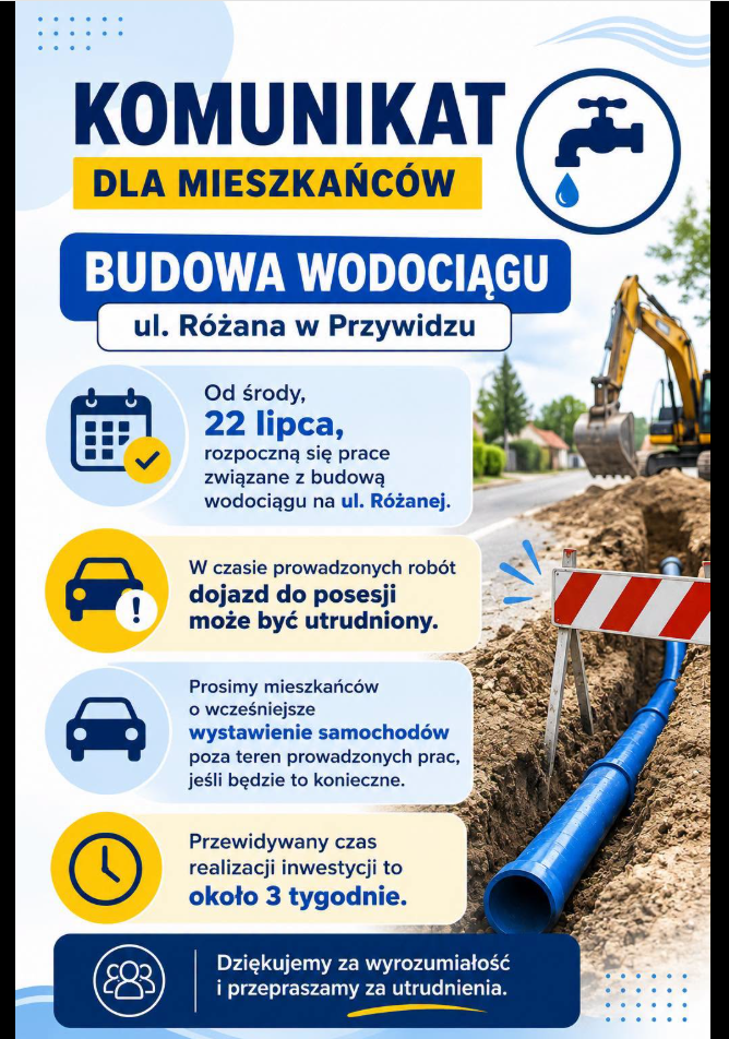 KOMUNIKAT DLA MIESZKAŃC&Oacute;W  Budowa wodociągu &ndash; ul. R&oacute;żana w&nbsp;Przywidzu