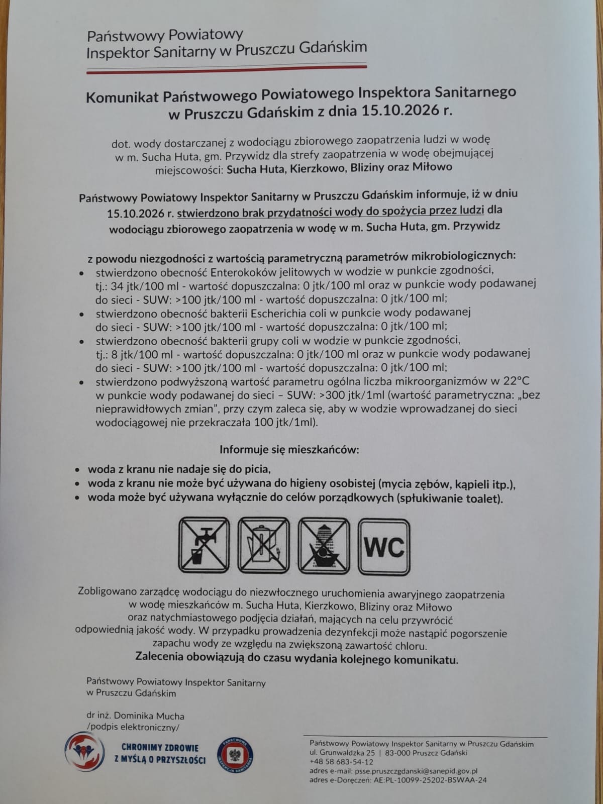 PILNY KOMUNIKAT &ndash; WODA NIEZDATNA DO SPOŻYCIA Sucha Huta &bull; Kierzkowo &bull; Bliziny &bull; Miłowo