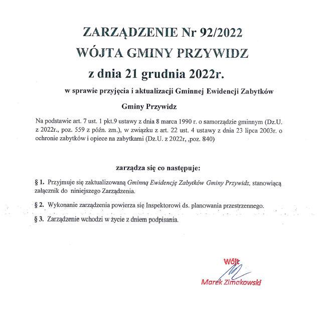 Zarządznie nr 92/2022 Wójta Gminy Przywidz z dnia 21 grudnia 2022 r.