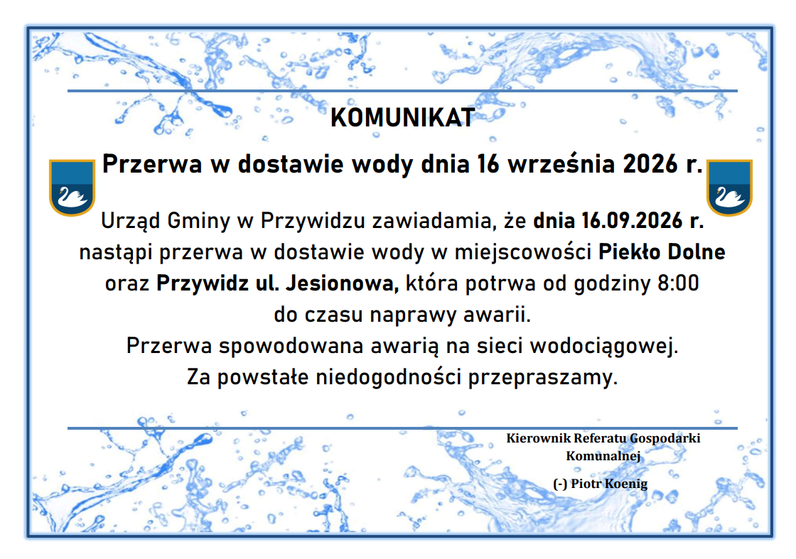 Przerwa w&nbsp;dostawie wody dnia 16 września 2026r. Piekło Dolne i&nbsp;Przywidz ul. Jesionowa