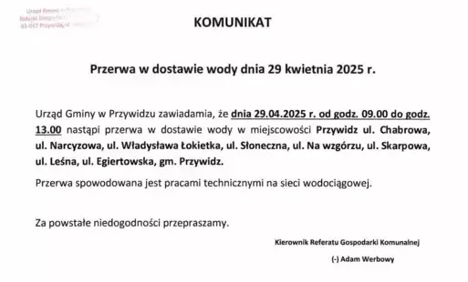 Przerwa w dostawie wody w dniu 29.04.2025 Przywidz