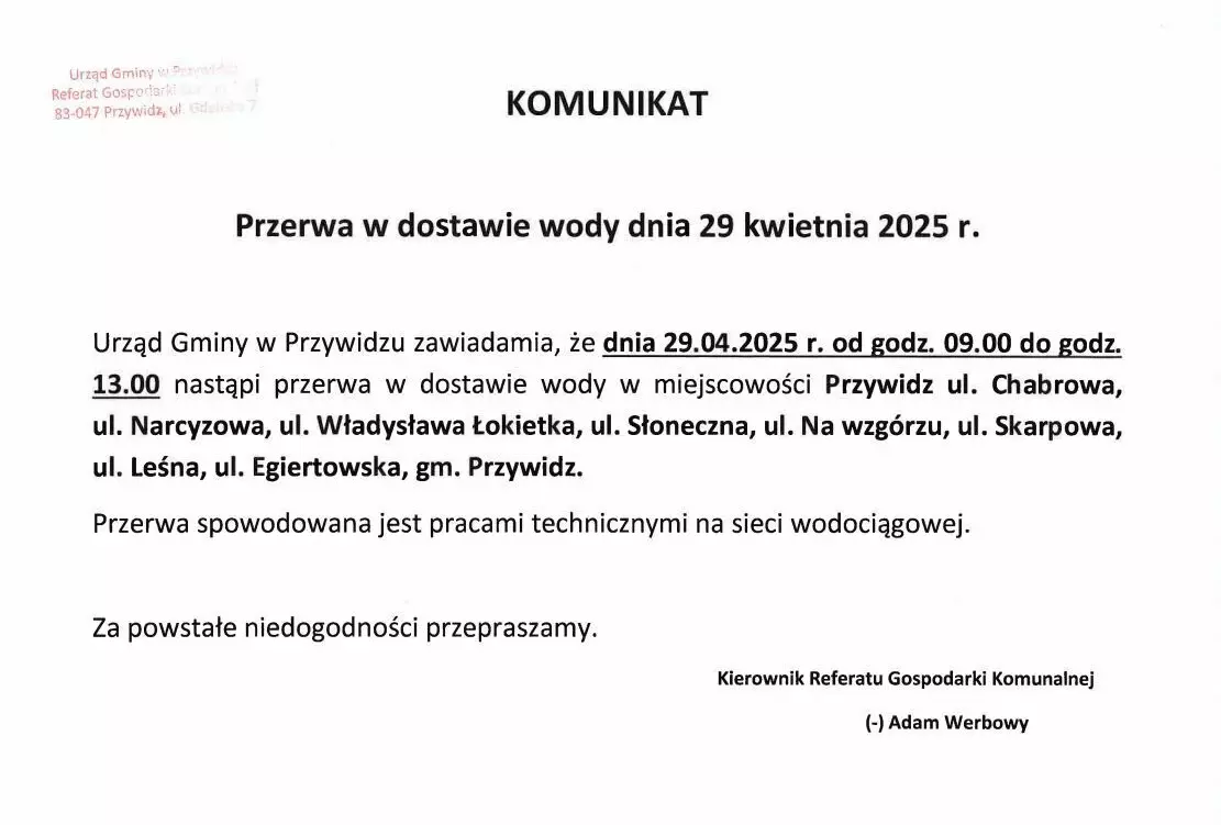 Przerwa w dostawie wody w dniu 29.04.2025 Przywidz