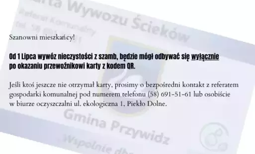 Komunikat -  od 1 lipca wywóz nieczystości z szamb tylko z kartą z kodem QR 