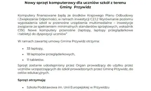 Nowy sprzęt komputerowy dla szkół z terenu Gminy Przywidz  