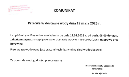 KOMUNIKAT   Przerwa w dostawie wody dnia 19 maja 2026 r.