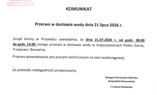 KOMUNIKAT Przerwa w dostawie wody dnia 21 lipca 2026 r. Piekło Górne, Trzepowo i Borowina.