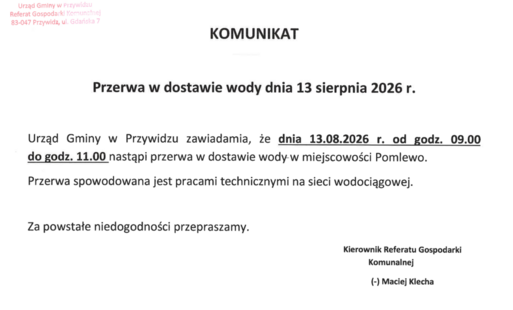 KOMUNIKAT   Przerwa w dostawie wody dnia 13 sierpnia 2026 r. Pomlewo