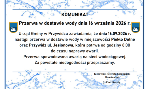 Zdjęcie do Przerwa w dostawie wody dnia 16 września 2026r. Piekło Dolne i Przywidz ul. Jesionowa