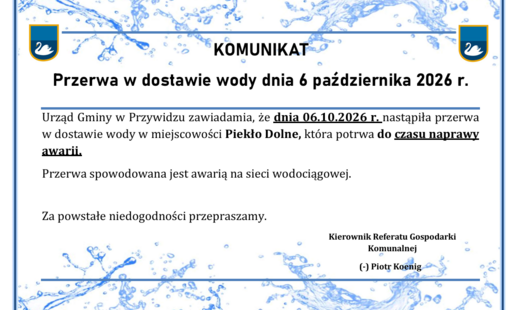 KOMUNIKAT Przerwa w dostawie wody dnia 6 października 2026 r.  Piekło Dolne