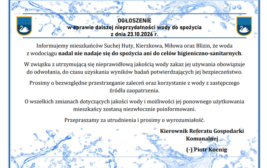 Zakaz spożywania wody w Suchej Hucie, Kierzkowie, Miłowie i Blizinach