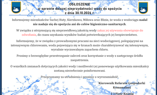 OGŁOSZENIE w sprawie dalszej nieprzydatności wody do spożycia z dnia 30.10.2026 r.