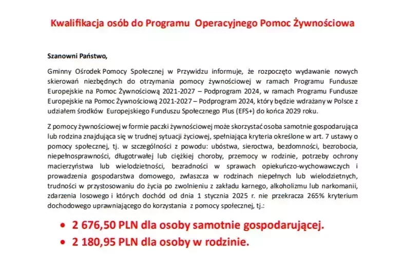 Zdjęcie do Kwalifikacja os&oacute;b do Programu Operacyjnego Pomoc Żywnościowa