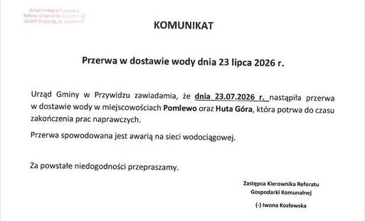 KOMUNIKAT Przerwa w dostawie wody dnia 23 lipca 2026r